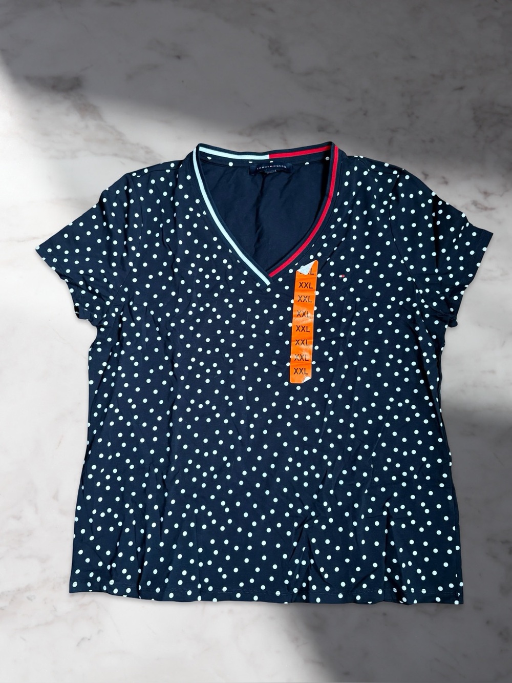 Tommy Hilfiger Navy Polka Dot V-Neck with Red & Light Blue Trim Size XXL